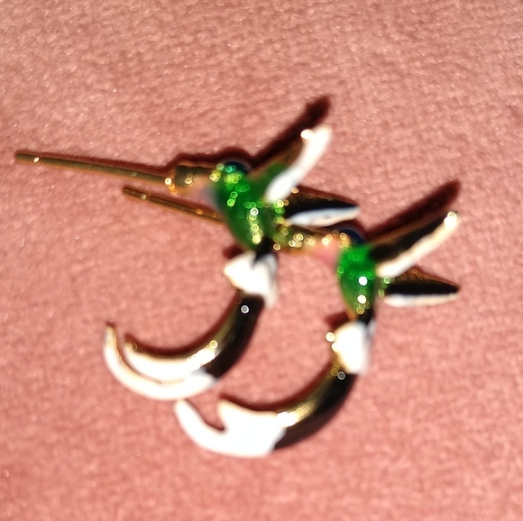 Blue Green Gold Flying Hummingbird Hoops Bird Hoop Earrings Enamel Hummingbirds - Picture 5 of 8